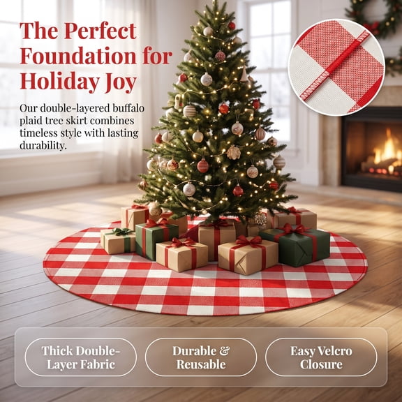Christmas Tree Skirt 27.5in Round Plaid Checkered, Soft Durable Tree Mat for Christmas Tree Base Floor Decor Holiday Gift by MPOISVA