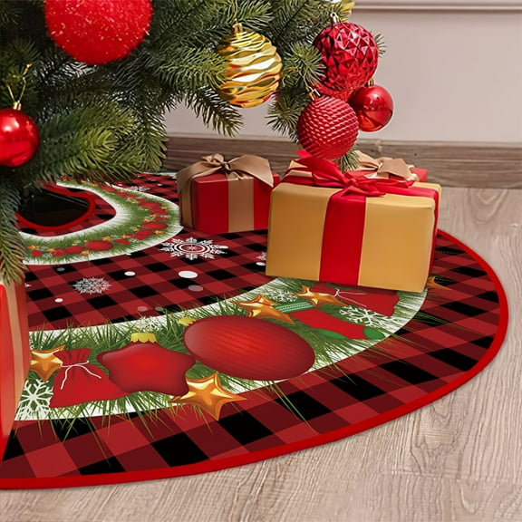 Christmas Tree Skirt 29 Inches - Large Merry Christmas Tree Rug Skirts, Red Green Funny Soft Trimmed Tree Collar Mat with Christmas Pattern Design for Farmhouse Winter Xmas Holiday Party Decorations