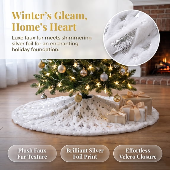 Christmas Tree Skirt 30.71in Faux Fur Tree Mat with Silver Foil Christmas Tree Print, Festive Tree Base Cover for Living Room Home Holiday Decor by MPOISVA
