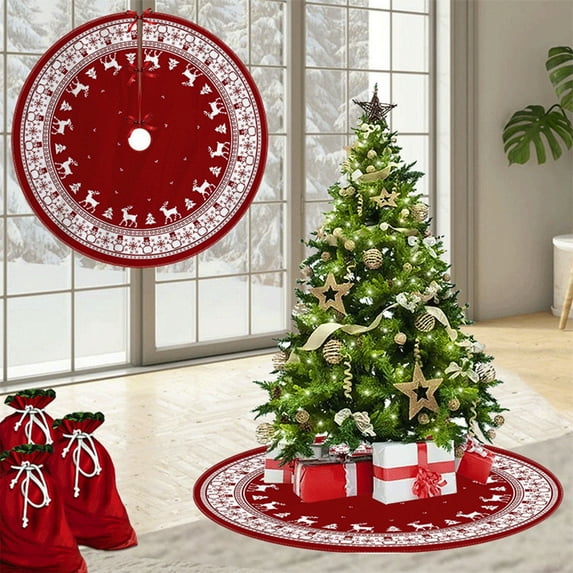 Christmas Tree Skirt, 30 Inch Red Countryside Tree Skirt with White Snowflake Printed, Small Rustic Tree Mat for Home Party Holiday Winter Indoor Xmas Decorations