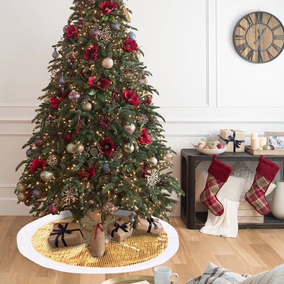 Christmas Tree Skirt, 31.49 Inch Yellow Classic Design for Holiday Decorations, Soft Cloth Fabric Tree Bottom Cover for Christmas Decor Gift, Festive Home Party Decoration with Elemental Ambiance