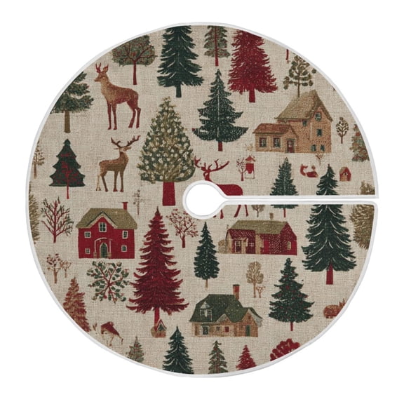 Christmas Tree Skirt 35.4 Inch Christmas Trees Deer and Houses Tree Skirt Christmas Tree Mat Decor for Christmas Party Ornaments Decorations