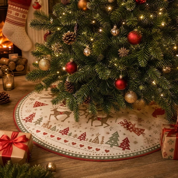 Christmas Tree Skirt, 35.4 Inch Christmas Xmas Tree Mat Christmas Decoration for Happy New Year Holiday Indoor Party Burlap Tree Skirt Ornament