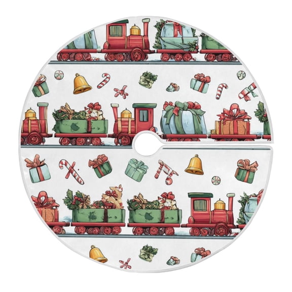 Christmas Tree Skirt 35.4 Inch Christmas-themed Red Train Pattern Tree Skirt Christmas Tree Mat Decor for Christmas Party Ornaments Decorations