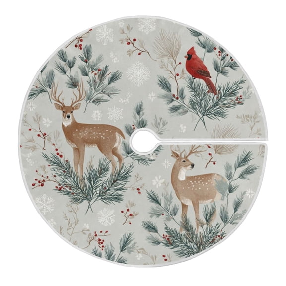 Christmas Tree Skirt 35.4 Inch Deer and Cardinals Pattern Tree Skirt Christmas Tree Mat Decor for Christmas Party Ornaments Decorations