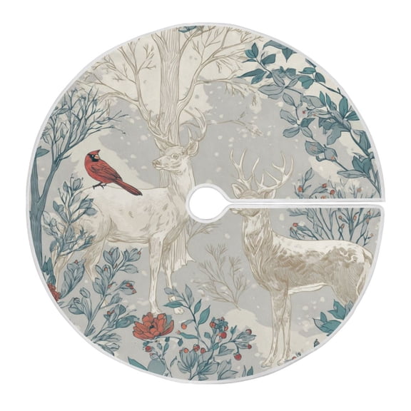 Christmas Tree Skirt 35.4 Inch Hand-drawn Deer and Cardinals Tree Skirt Christmas Tree Mat Decor for Christmas Party Ornaments Decorations