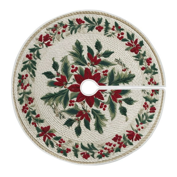 Christmas Tree Skirt 35.4 Inch Holly Leaves Wreath Tree Skirt Christmas Tree Mat Decor for Christmas Party Ornaments Decorations