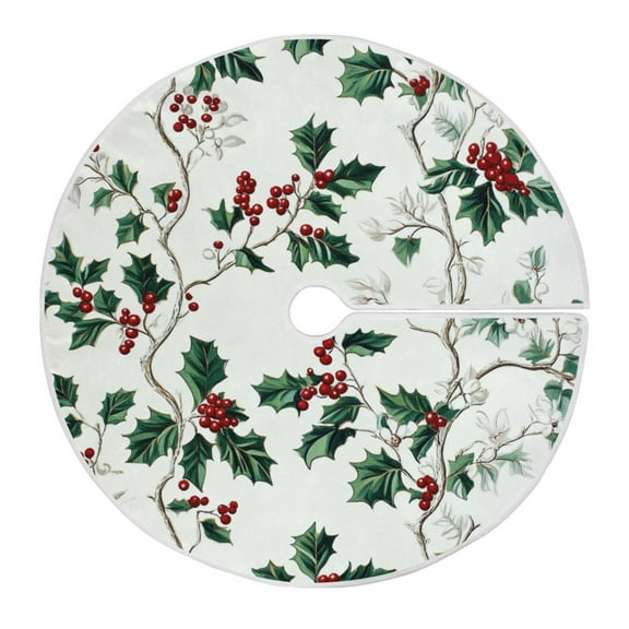 Christmas Tree Skirt 35.4 Inch Holly Leaves and Berries Tree Skirt Christmas Tree Mat Decor for Christmas Party Ornaments Decorations