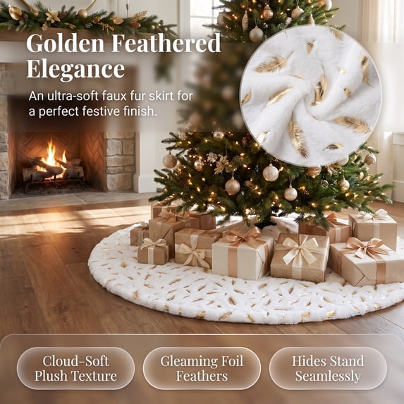 Christmas Tree Skirt 35.4in Feathers Pattern Plush, Soft Tree Mat for Christmas Tree Base Floor Decor Living Room Holiday by MPOISVA