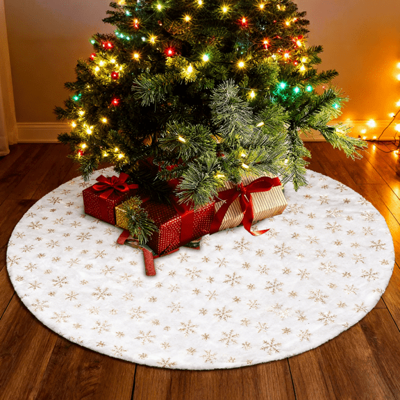 Marakabeis Christmas Tree Skirt, 35 Inches Snowy White Faux Fur Base Cover with Gold Sequin Snowflakes