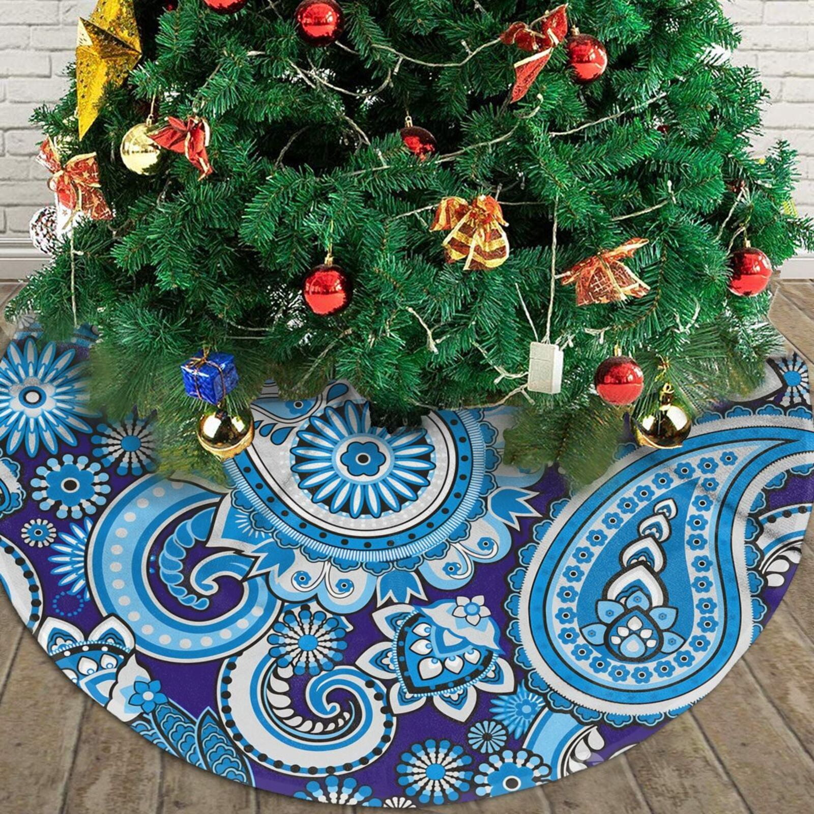 Christmas Tree Skirt, 36" Blue White Paisley For Christmas Decorations