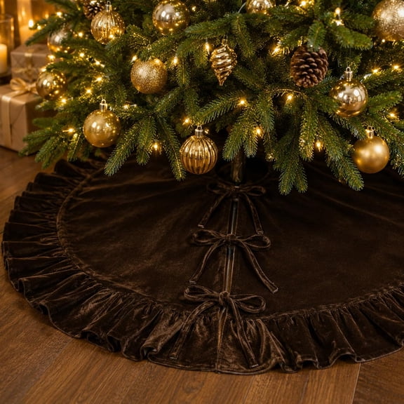 Christmas Tree Skirt, 36" Brown Velvet Tree Skirt with Ruffled Edge & Tie Bows, Christmas Tree Decoration, Vintage Elegant Soft Holiday Tree Base Cover Mat for Xmas Holiday Party Decorations