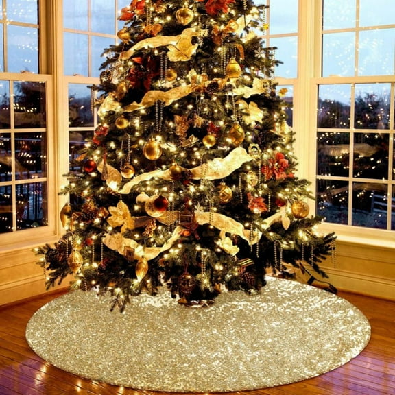 Christmas Tree Skirt 36-Inch Gold Tree Mat Sequined Tree Skirts Decor for Merry Christmas Xmas New Year Festive Holiday Party Decorations