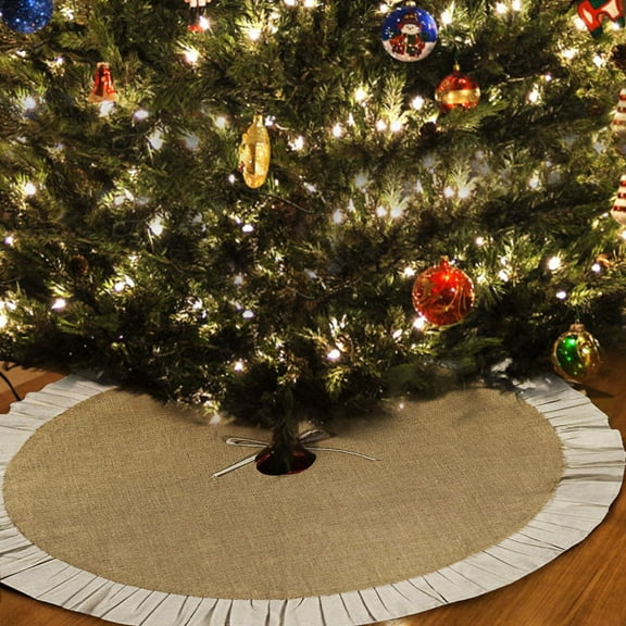 Christmas Tree Skirt 36 Inch Mini Burlap Tree Skirt, Small Burlap Tree Skirt with Ruffle, Boho Christmas Tree Skirt for Pencil Tree Western Christmas Farmhouse Decorations