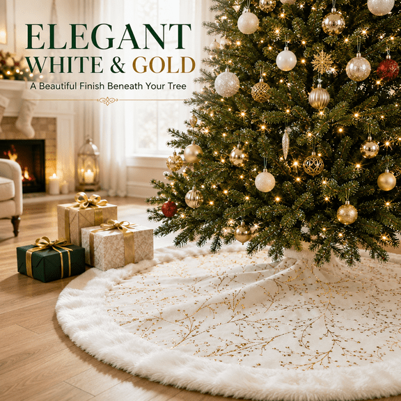 Christmas Tree Skirt 36 Inch White and Gold Tree Skirt Faux Fur Christmas Tree Skirt Large Plush Velvet Tree Skirt for 4 5 6 7 8 9 Ft Trees