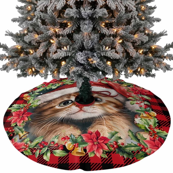 Christmas Tree Skirt 36 Inches, Checkered Cat Red Poinsettia Pine Needle Berry Xmas Trees Skirt Mat Cover Decorations for Holiday Party Indoor Outdoor