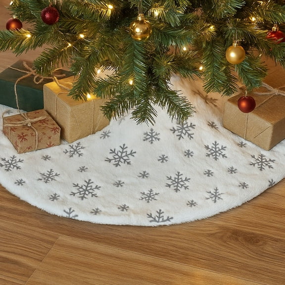 Christmas Tree Skirt 36 inch, Tree Skirt for Christmas Decoration, Snowflake Print Plush Sequins Mat for Xmas (Silver Snowflake)