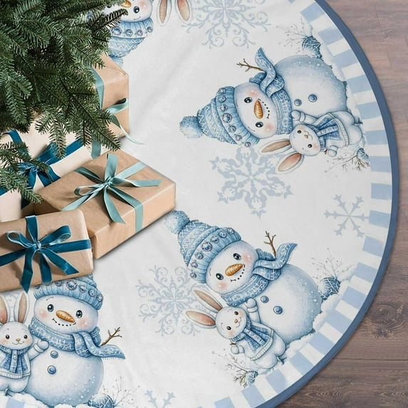 Christmas Tree Skirt 36 inches Blue Snowman Christmas Tree Skirt Mat Farmhouse Xmas Ornaments Decorations for Christmas Holiday Party (Blue, 36in)