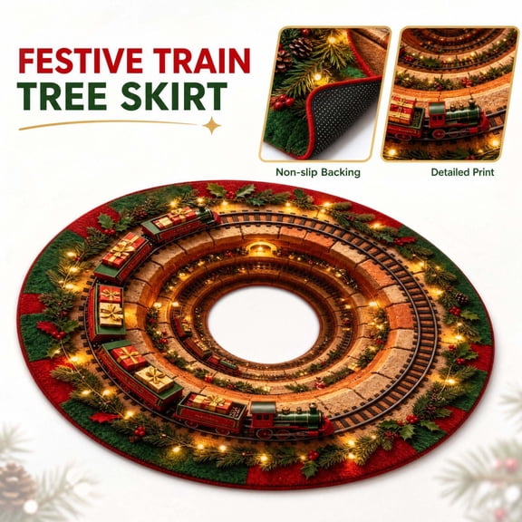 Christmas Tree Skirt with 3D Festive Train Track Print and Non-Slip Backing, 39.4 Inch, Red and Green Holiday Pattern, for Indoor Holiday Display Decoration