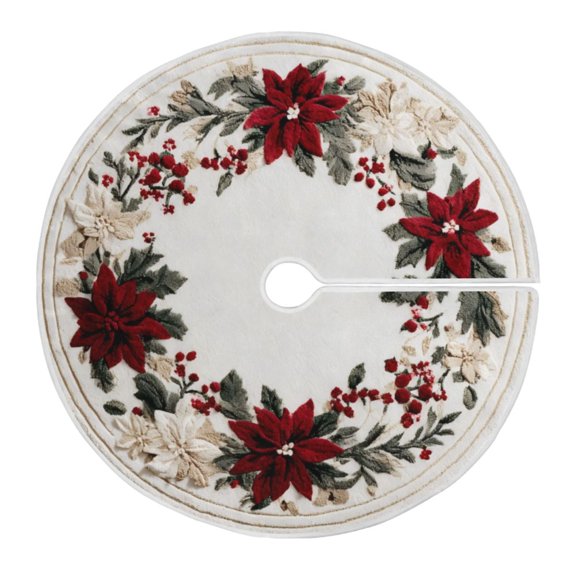 Christmas Tree Skirt 47.2 Inch Christmas Holly Flowers Wreath Tree Skirt Christmas Tree Mat Decor for Christmas Party Ornaments Decorations