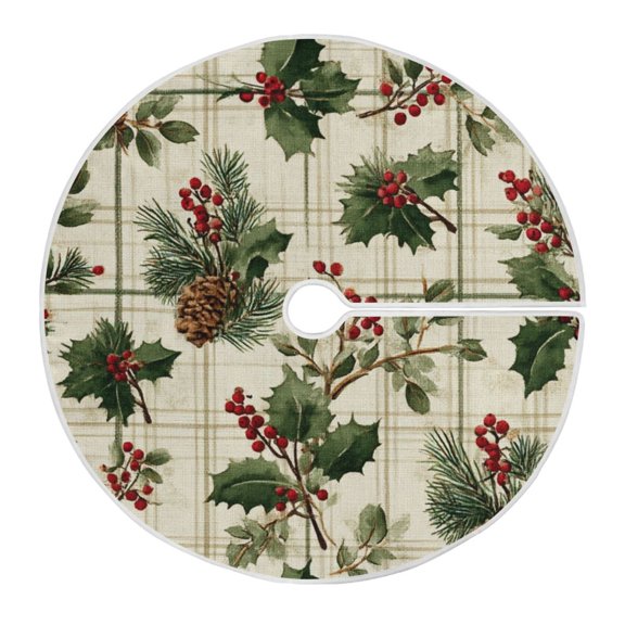 Christmas Tree Skirt 47.2 Inch Pine Boughs and Holly Pattern Tree Skirt Christmas Tree Mat Decor for Christmas Party Ornaments Decorations