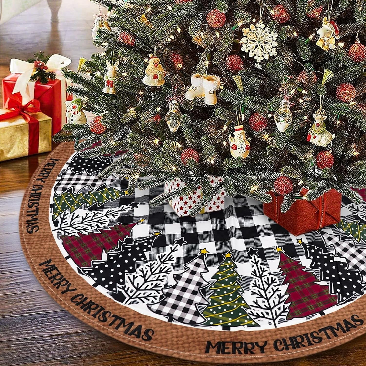 Christmas Tree Skirt 48 Inch, Black and White Buffalo Plaid Xmas Tree Black And White Christmas Tree Skirt