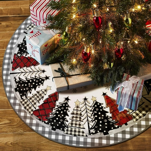 Christmas Tree Skirt 48 Inch, Grey and White Buffalo Plaid Xmas Tree Skirt, Winter Christmas Tree Mat for Home Party Holiday Indoor Outdoor Decorations