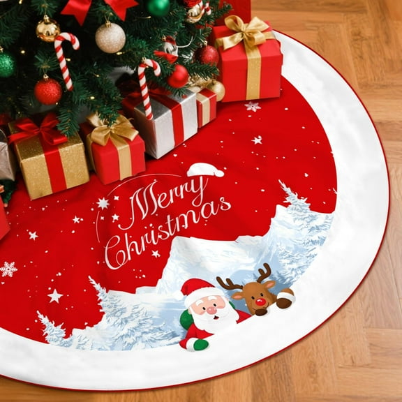 Christmas Tree Skirt - 48 Inch Large Xmas Tree Skirts for 7.5 Ft Tree with Snowflake Santa Pattern, Red Soft Christmas Tree Rug for New Year Farmhouse Winter Holiday Party Decorations Indoor Outdoor