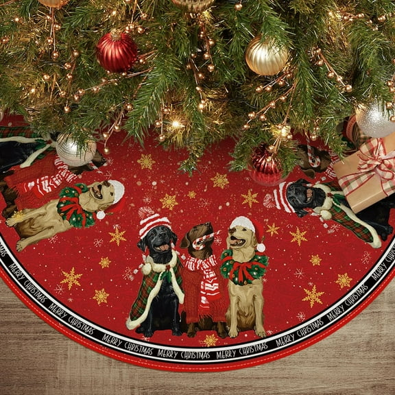 Christmas Tree Skirt 48 Inch, Merry Christmas Hat Wreath Dog Winter Holiday Tree Mat Decoration