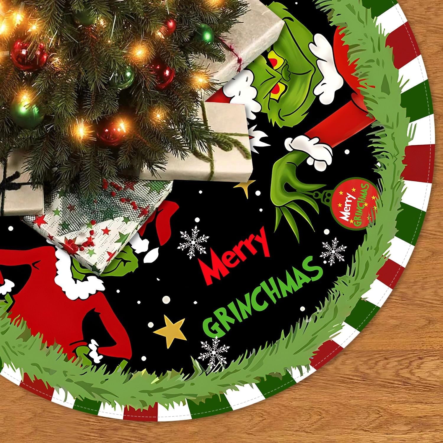 Christmas Tree Skirt, 48 Inch Red & Green Merry Christmas Tree Skirt Collar, Soft Farmhouse Xmas Holiday Decoration