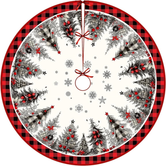 Christmas Tree Skirt 48 Inch, Xmas Winter PineTree Mat Red and Black Buffalo Decoration for Home Party Holiday Indoor Outdoor Decorations