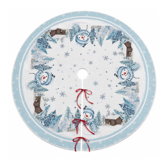 COOKEY Snowman Christmas Tree Skirt 48 Inch, White Winter Snowflake Tree Skirt, Cabin and Pine Forest Print, Merry Christmas Holiday Party Decorations Indoor Outdoor