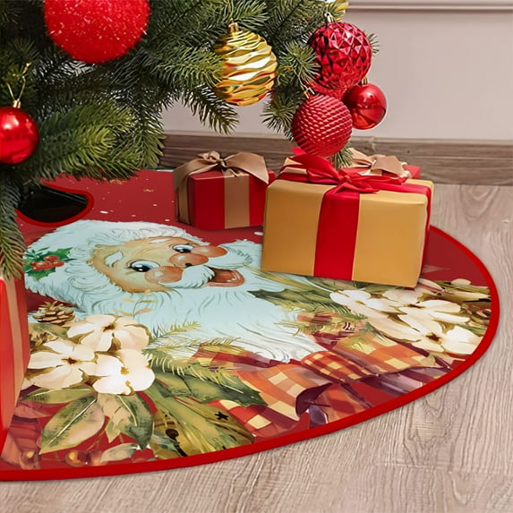 Christmas Tree Skirt 48 Inches - Large Merry Christmas Tree Rug Skirts, Red Green Funny Soft Trimmed Tree Collar Mat with Christmas Pattern Design for Farmhouse Winter Xmas Holiday Party Decorations