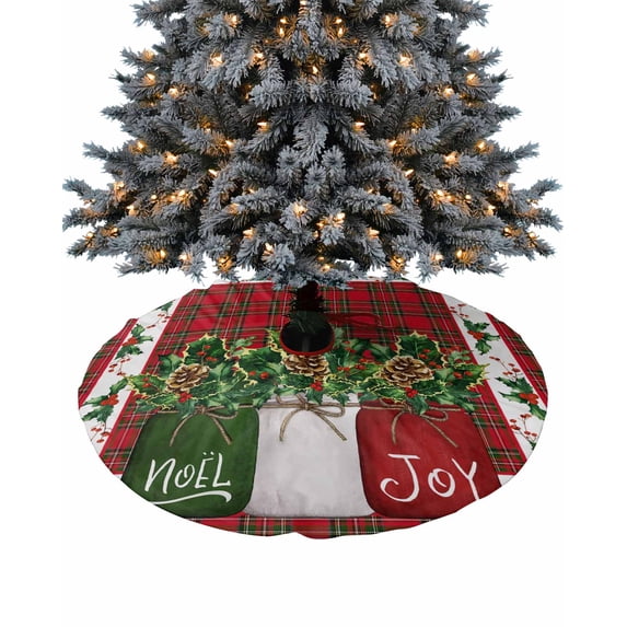 Christmas Christmas Tree Skirt 48 Inches Large Christmas Skirt Tree, Red Green Plaid Xmas Berry Pine Cones Botanical Tree Skirt Christmas Decorations for Fireplace Party Holidays Indoor Outdoor