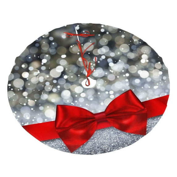Christmas Tree Skirt 48" Shiny silver starry Christmas with red bow tie (3) Xmas Tree Skirts Mat for New Year Holiday Christmas Party Decorations