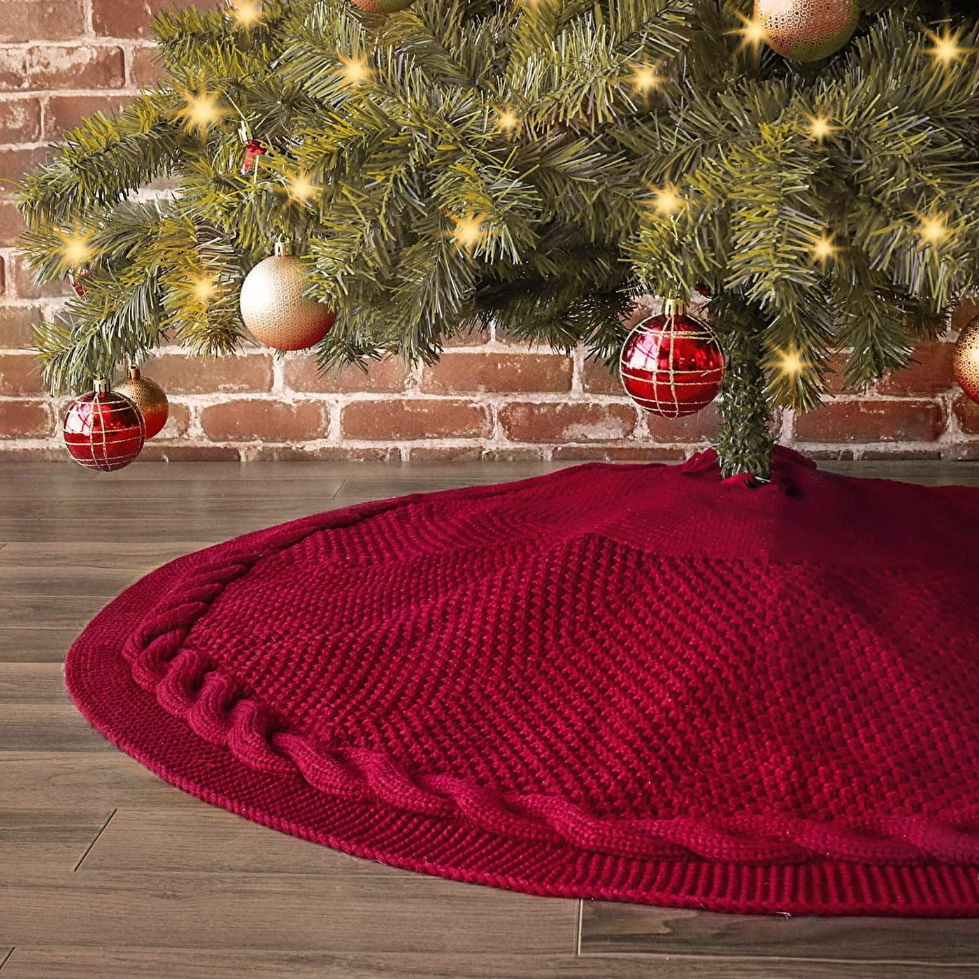 Burgundy Cable Knit 48-Inch Rustic Christmas Tree Skirt