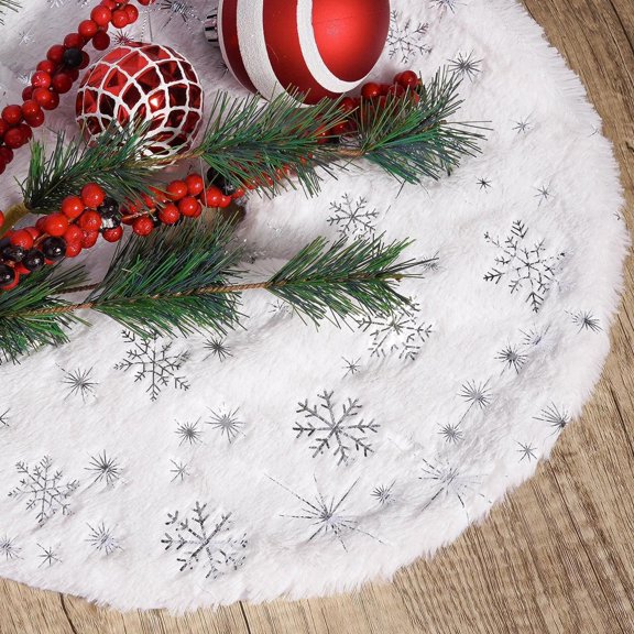 Christmas Tree Skirt, 78cm/90cm/120cm White Luxury Christmas Tree Skirts with Snowflake, Xmas Tree Skirt Decorations for Christmas New Year Party Decor