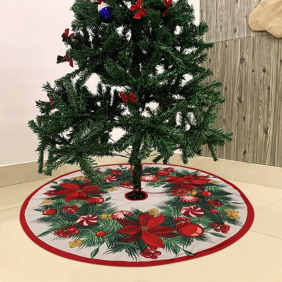 Christmas Tree Skirt 90CM, Luxurious Artificial Fir Printed Tree Skirt, High-Quality Fabric Christmas Ornament for Home Bedroom Office Bar Hotel, Hides Tree Stands & Protects Floors