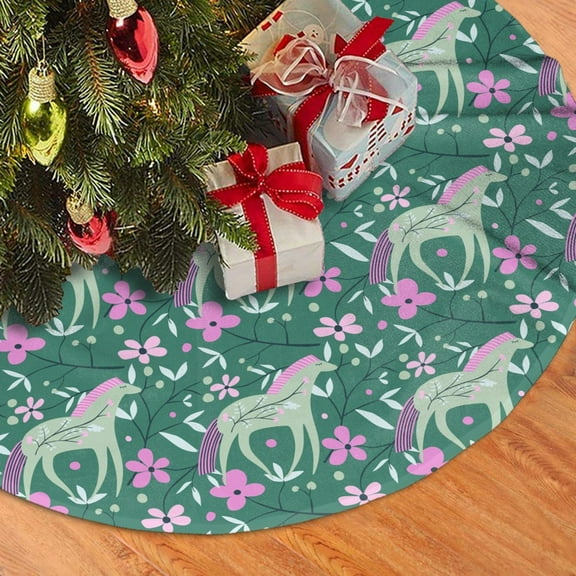 Christmas Tree Skirt, Abstract Cute Horse Flower Green Soft Plush Christmas Tree Decorations Indoor, Tree Skirts Mat for New Year Halloween Holiday Christmas Party Decor 30"
