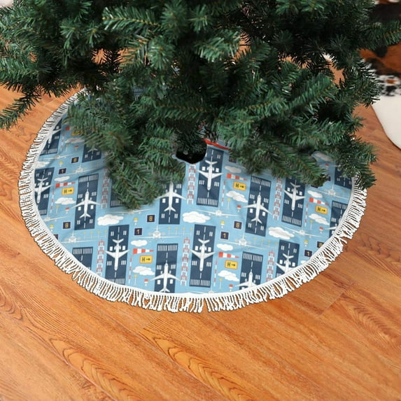 Christmas Tree Skirt, Airplanes and Aviation Signs Christmas Tree Decorations Indoor, Tree Skirts Mat With Tassel Trim for Halloween New Year Holiday Christmas Party Decor 48 Inches
