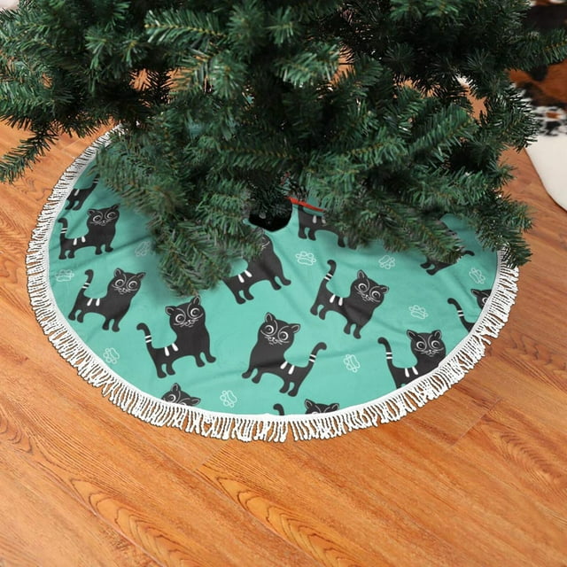 Christmas Tree Skirt, Artsy Cute Cat Black Christmas Tree Decorations