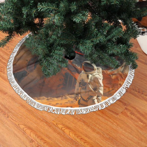 Christmas Tree Skirt, Astronaut Exploring Mars Christmas Tree Decorations Indoor, Tree Skirts Mat With Tassel Trim for Halloween New Year Holiday Christmas Party Decor 30 Inches