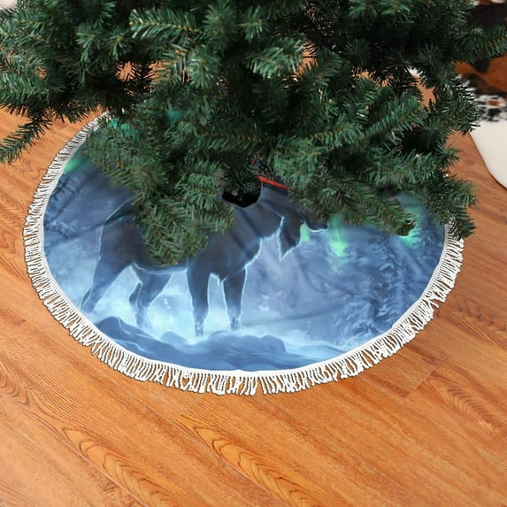 Christmas Tree Skirt, Aurora Mystical Winter Moose A Christmas Tree Decorations Indoor, Tree Skirts Mat With Tassel Trim for Halloween New Year Holiday Christmas Party Decor 30 Inches