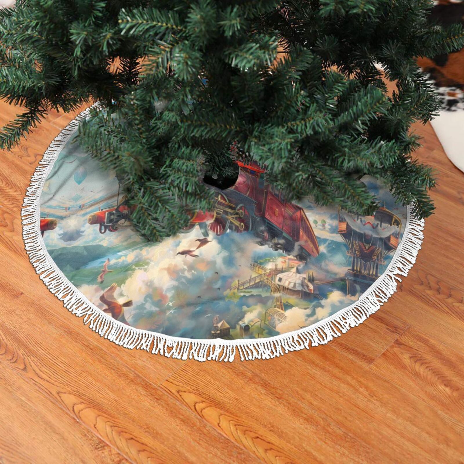 Christmas Tree Skirt Beautiful Red Train Hot Air Balloon Halloween