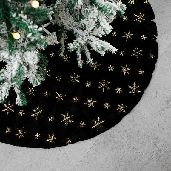 Christmas Tree Skirt Black 47 Inch Faux Fur with Gold Glitter Snowflake Soft Fluffy Tree Skirt for Christmas Party Decoration