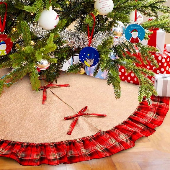 Christmas Tree Skirt Black and Red Buffalo Plaid Ruffle Tree Skirt Double Layers Burlap Tree Skirt for Christmas Home Decor New Year Party Holiday Decoration, 48 Inch