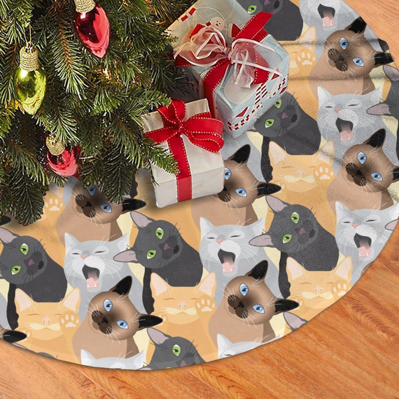 Handmade Felted Cats and Green Trees Grey Christmas Tree Skirt 36