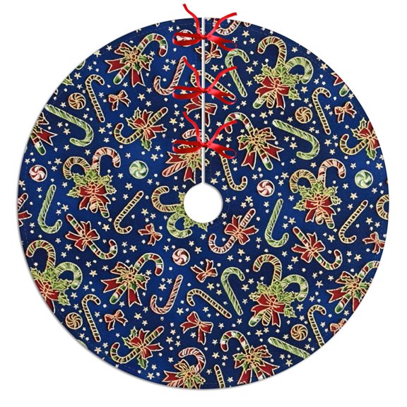 Christmas Tree Skirt,Blue Christmas Candy Cane Pattern Christmas Tree Decor with Red Ribbon Ties,Round Shape,Christmas Decorations for Home 30"x30"