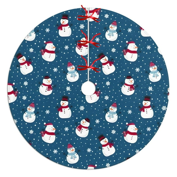 Christmas Tree Skirt,Blue Christmas Snowman Pattern Christmas Tree Decor with Red Ribbon Ties,Round Shape,Christmas Decorations for Home 36"x36"