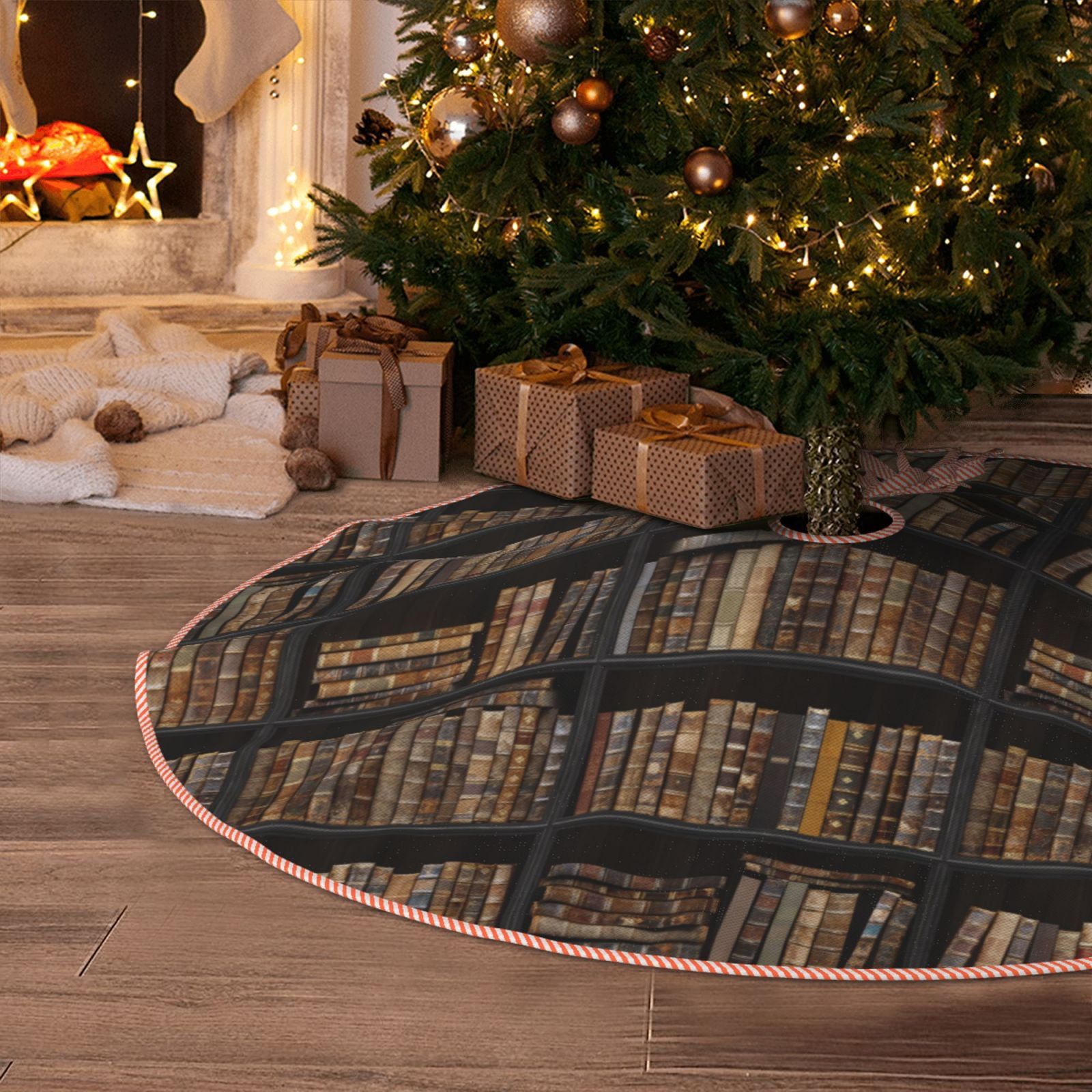Christmas Tree Skirt, Bookshelf vintage bookshelf texture Christmas